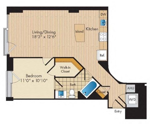 Floor plan for 1 bed, 1 bath, 721 sqft